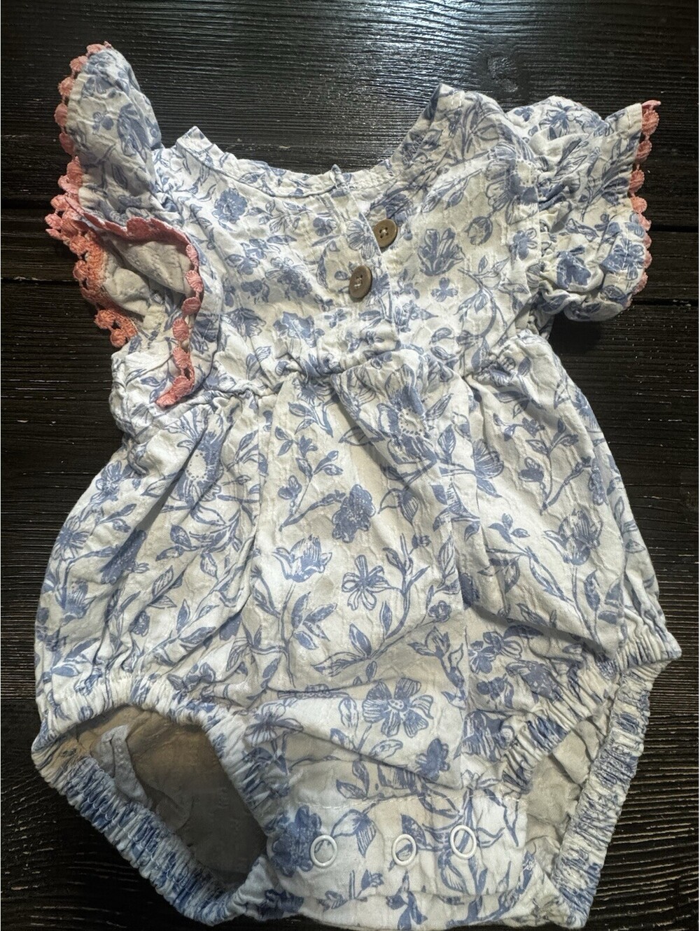 RZ by Rachel Zoe Baby Girl Romper Floral Blue White Pink Trim 0-3 Months Cotton